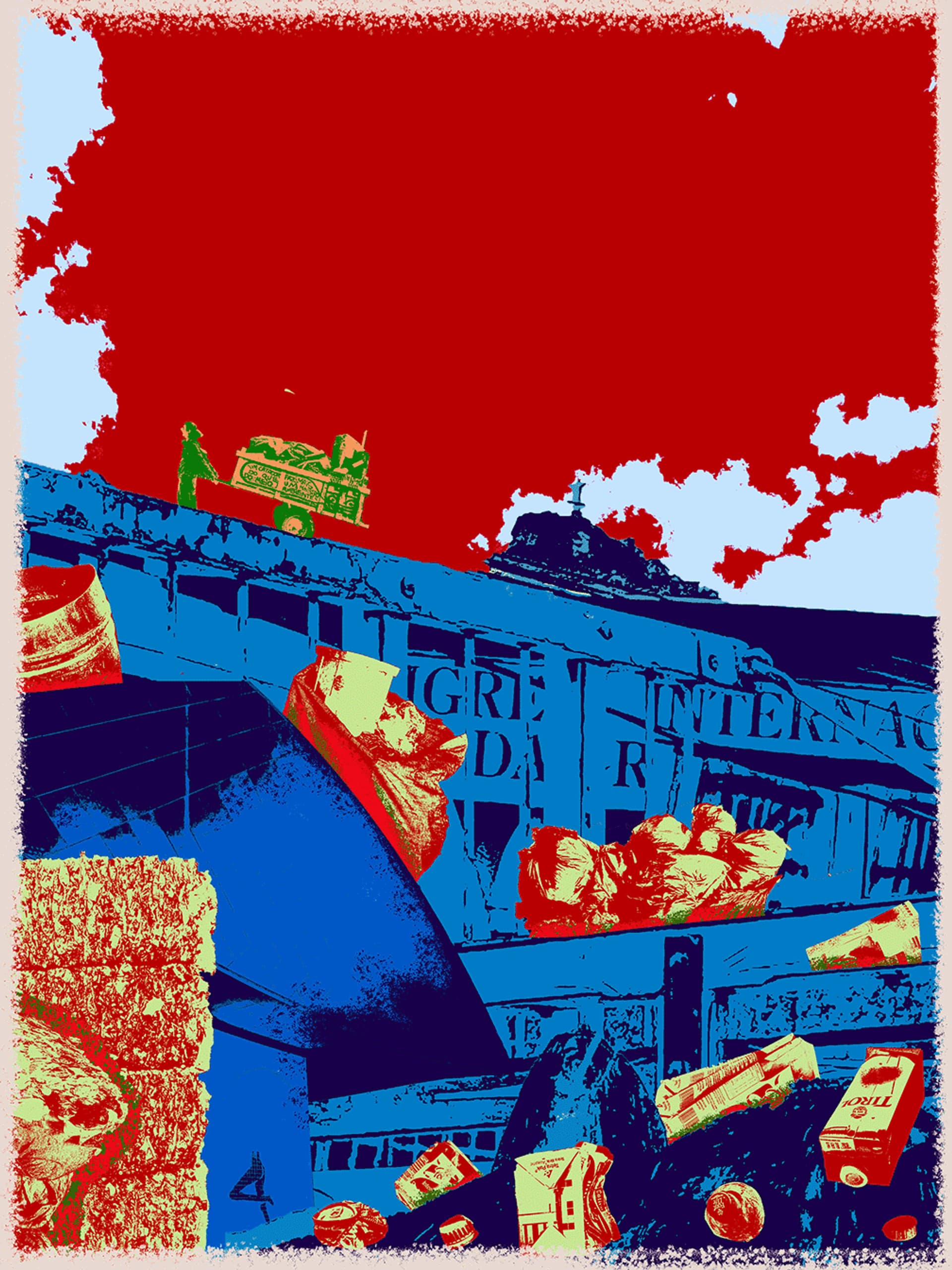 Fotografia tratada: o carrinho sobre o viaduto acima do mercado.