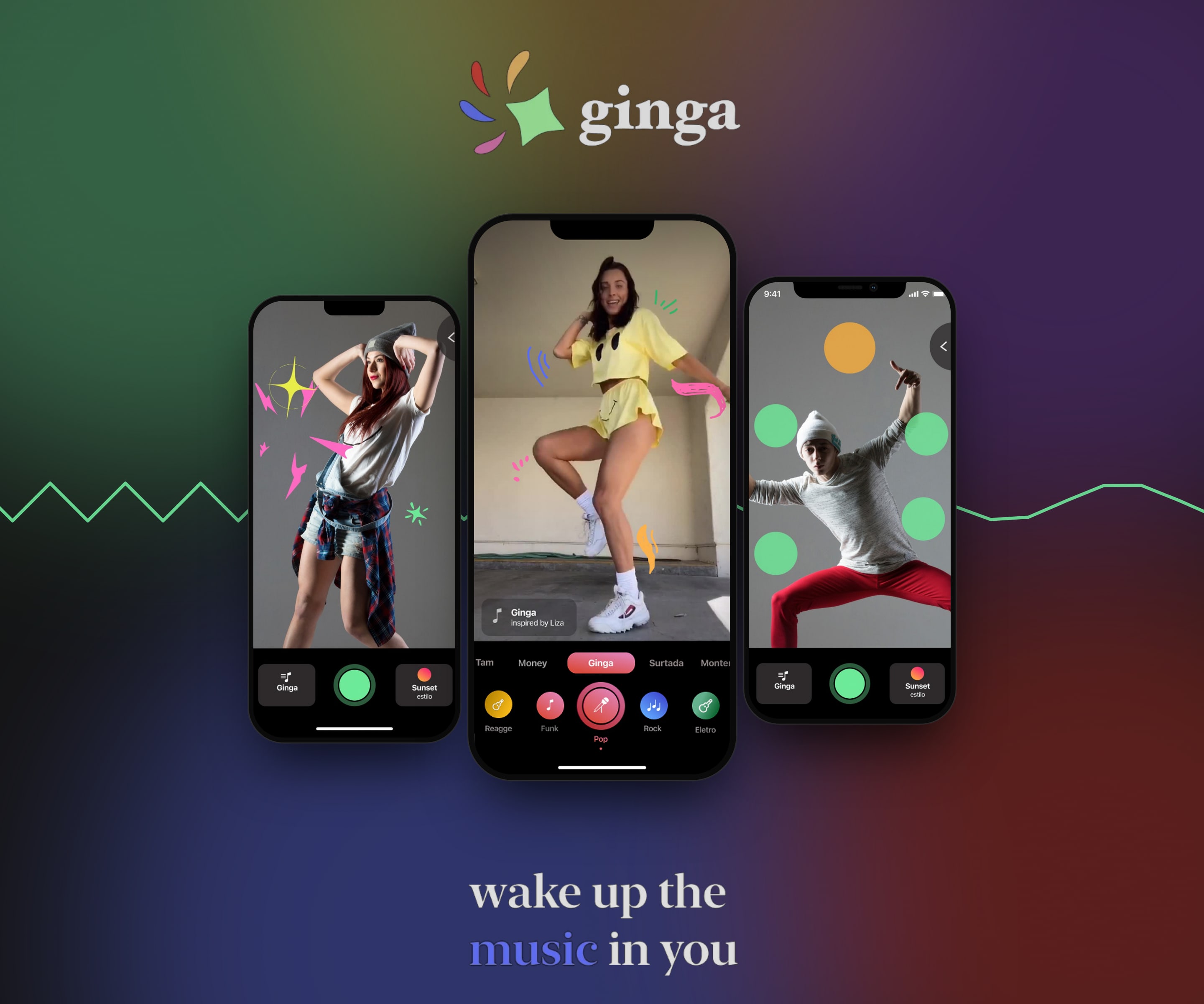 Três telas do app Ginga com três dançarinos diferentes, sobre um palco escuro com brilhos coloridos e o logo do Ginga.