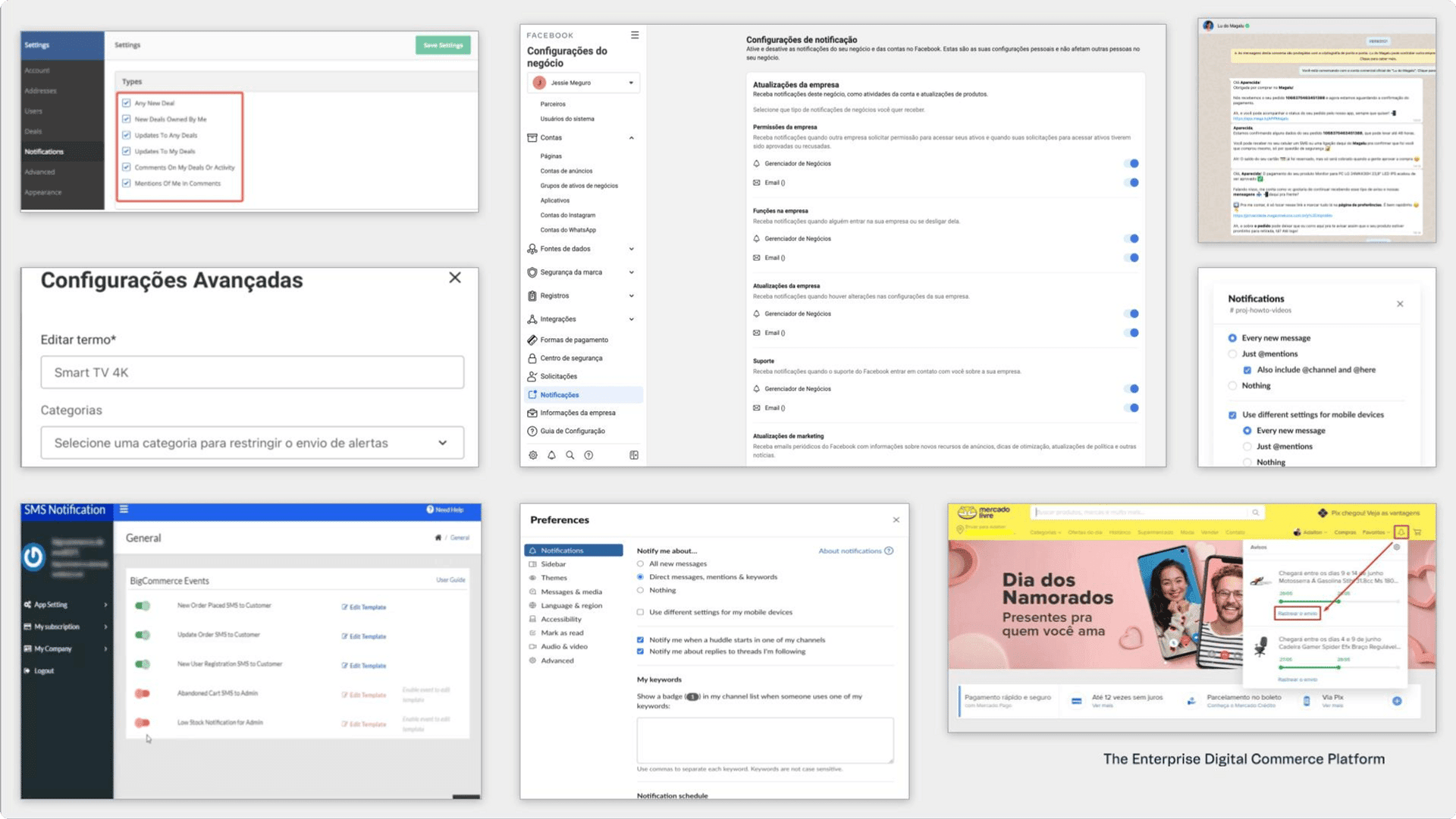 Board de configurações de notificações de outras plataformas.