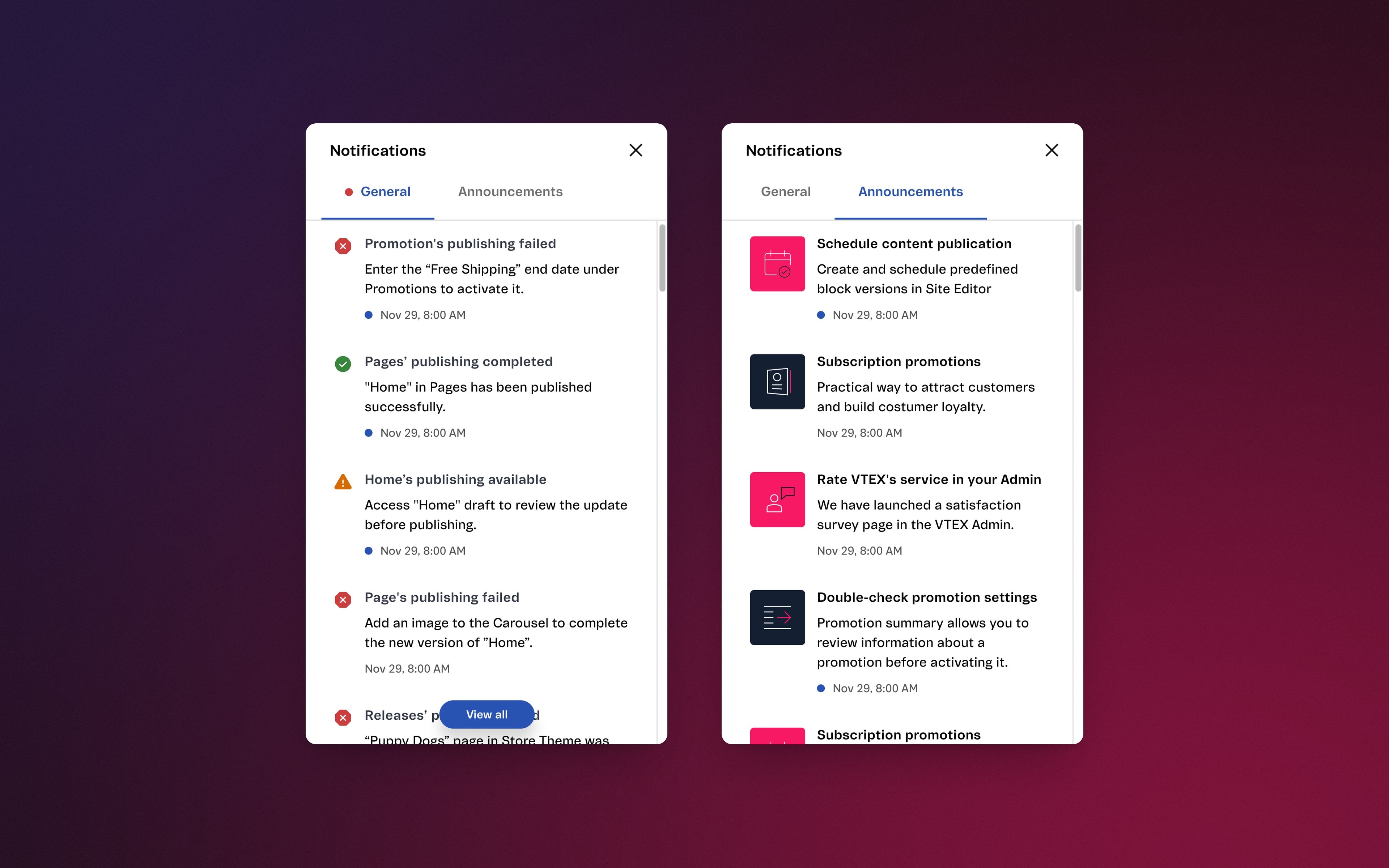 O dropdown de notificações na aba Geral e na aba Comunicados, lado a lado.
