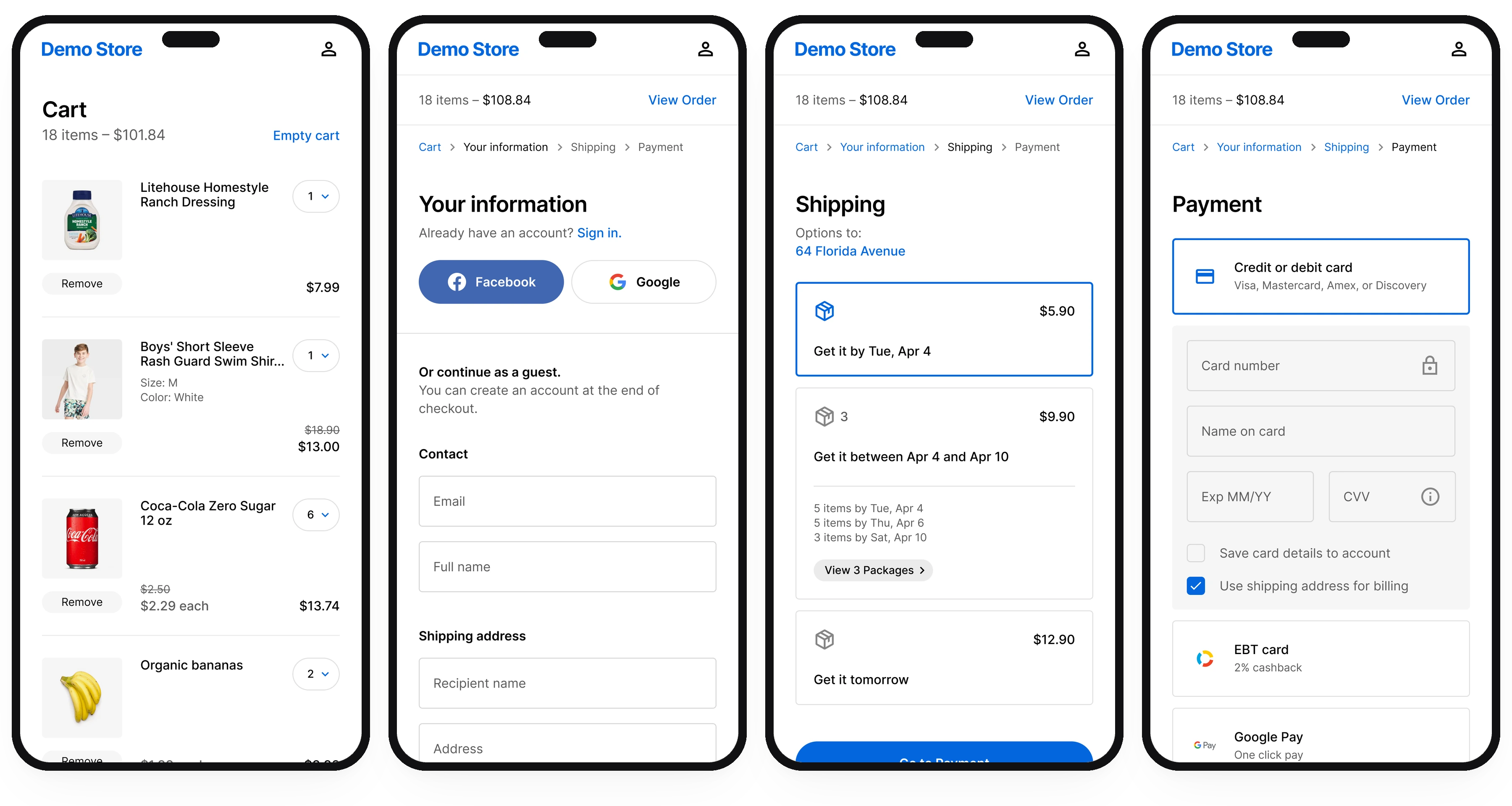 As quatro etapas no mobile, lado a lado: carrinho, informações, entrega e pagamento.