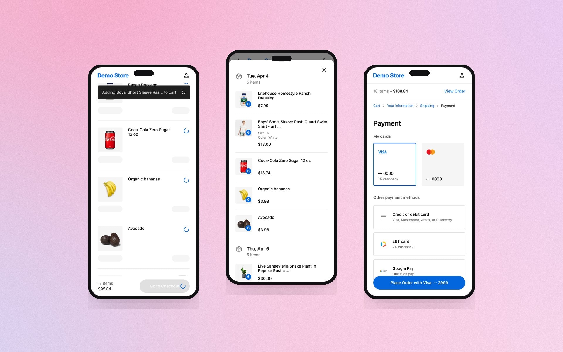Três telas mobile: carregamento, pacotes e cartões salvos.
