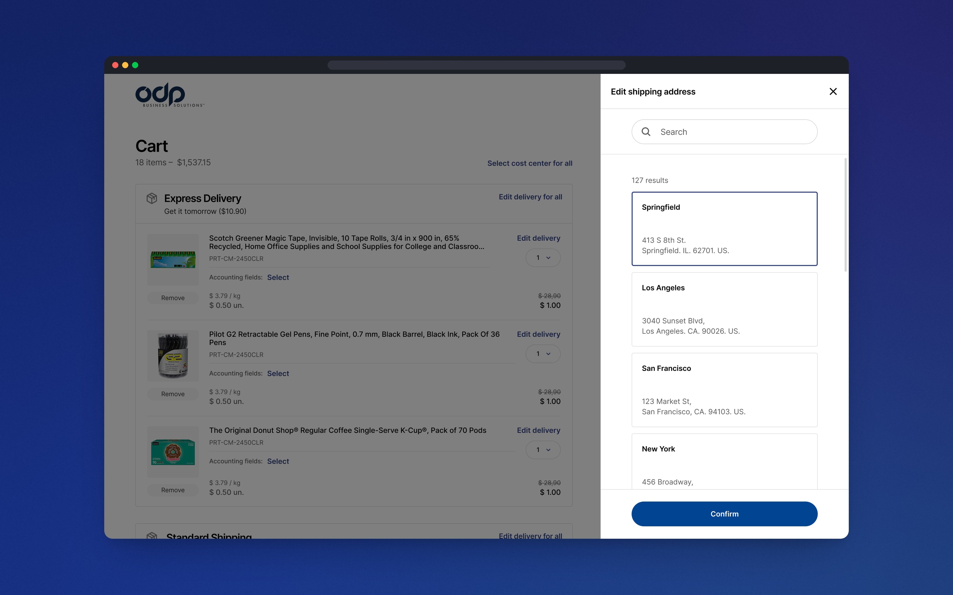 Um painel lateral para editar o endereço de entrega, com busca e lista de endereços.