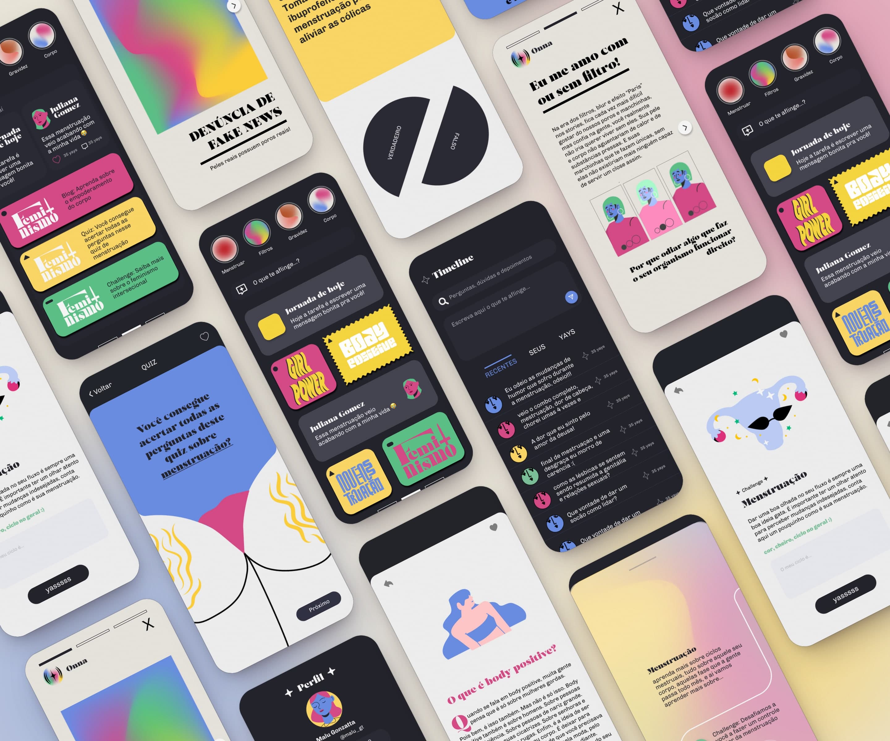 Uma parede inclinada de telas do app Onna: home, quiz, blog, jornada e timeline.