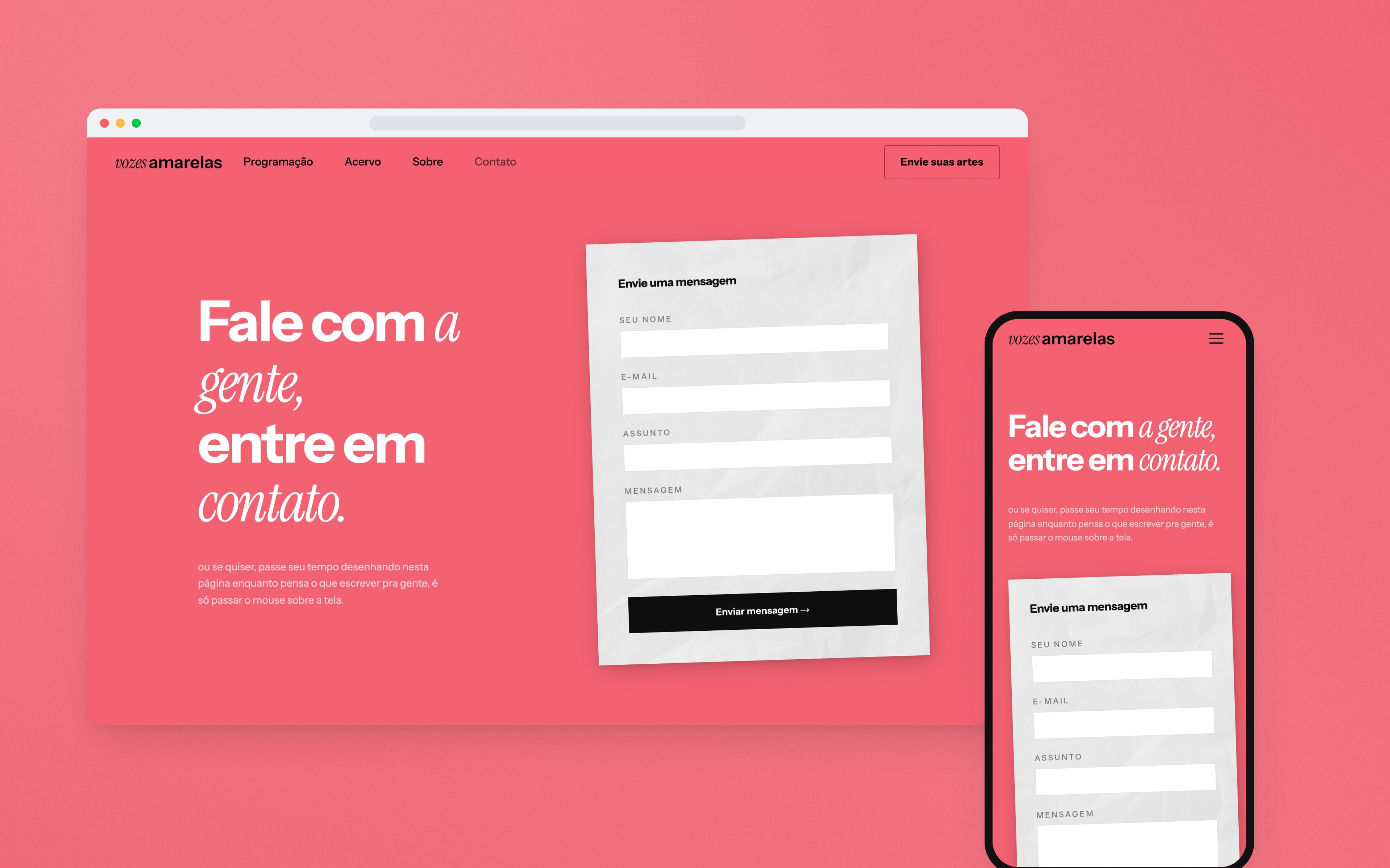 A página de contato, com um formulário de mensagem em papel amassado, sobre fundo coral.