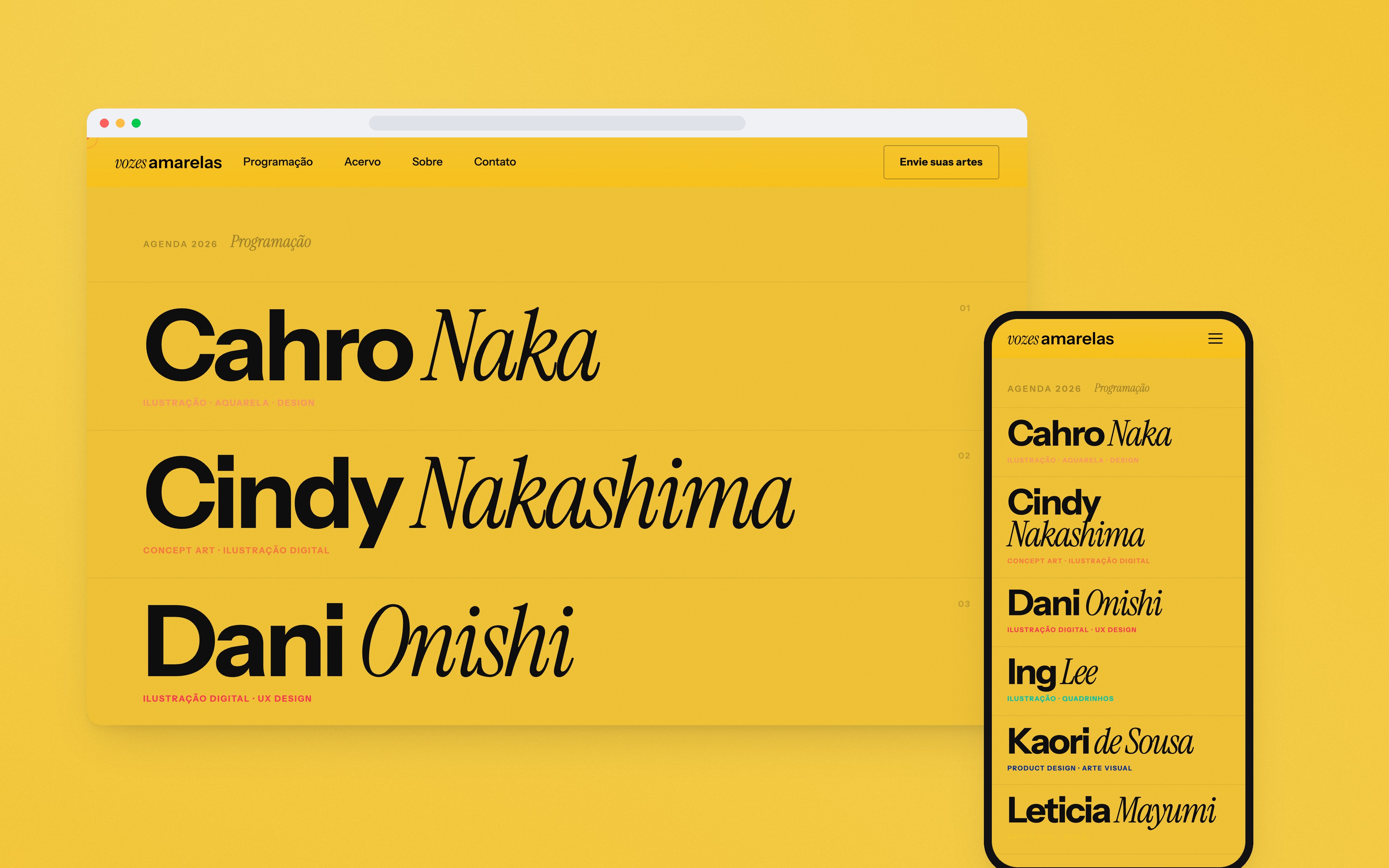 A página de programação, com os nomes das artistas em tipografia grande, sobre fundo amarelo.